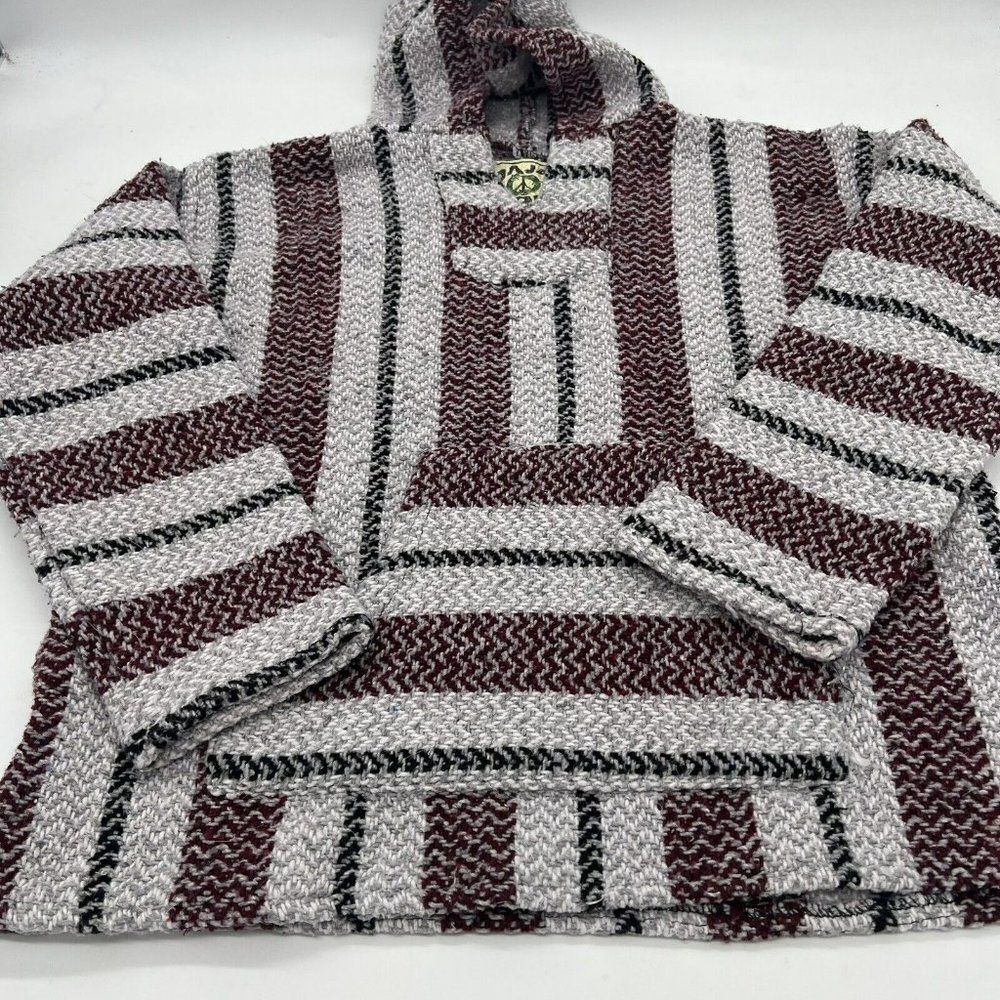 BAJA JOE Drug Rug Hooded Sweatshirt S Gray Red Striped Rasta Surfer Hippie